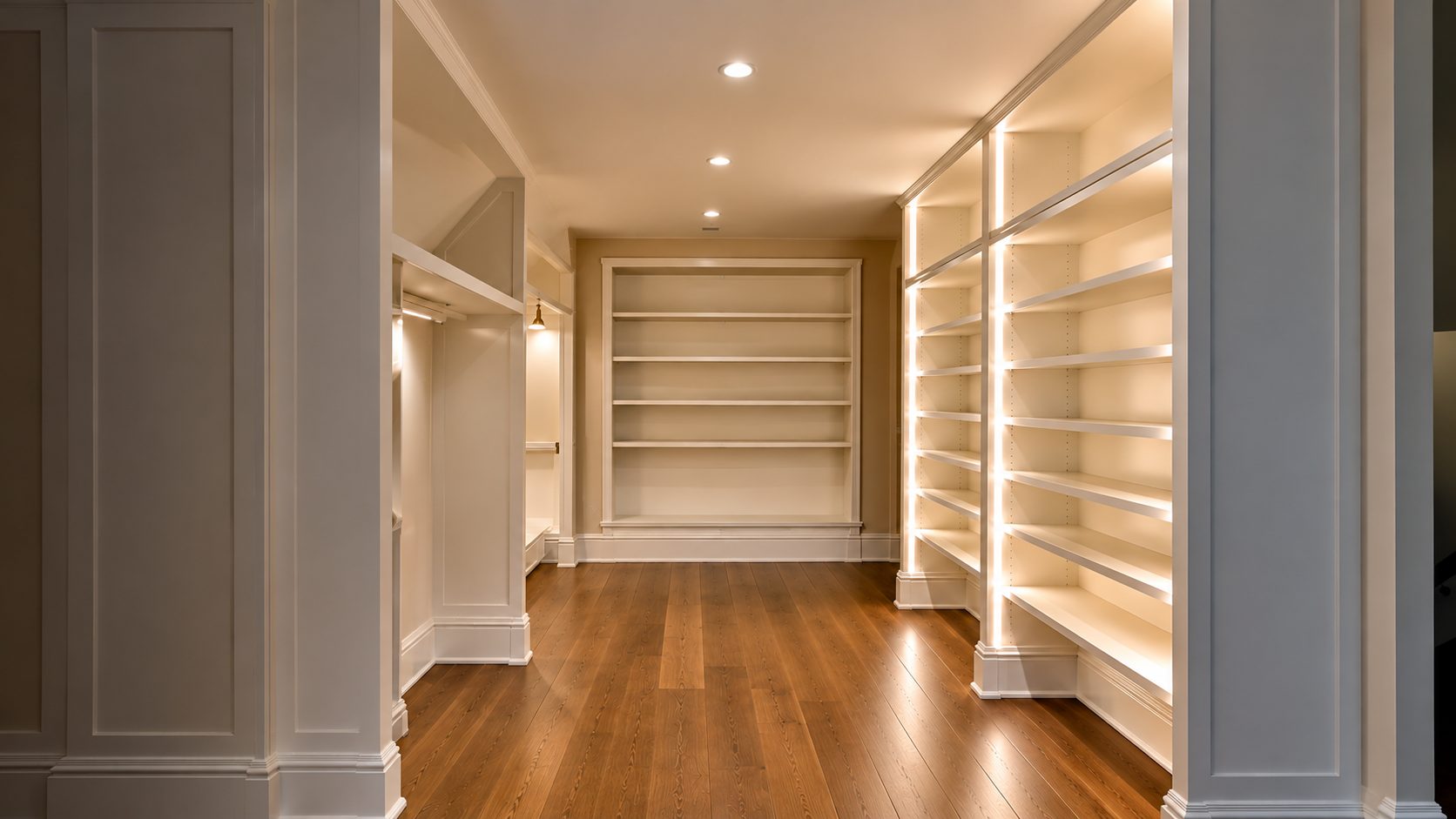 Illuminated built-in shelving corridor with warm LED-lit white cabinetry, built by Glissmann Construction